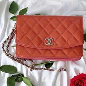 CHANEL Patent Quilted Wallet On Chain WOC Coral